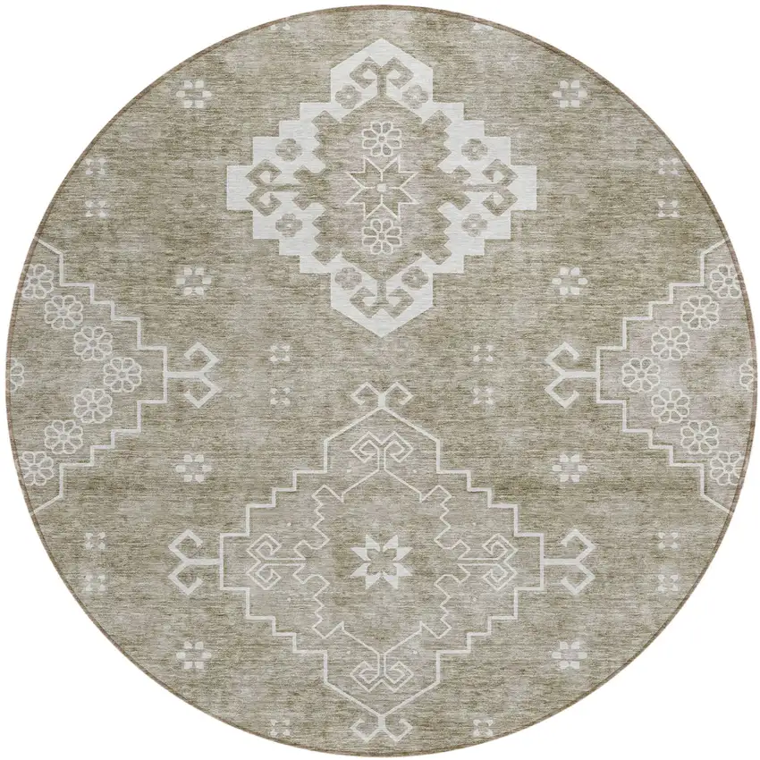 8' Taupe Beige And Ivory Round Medallion Washable Indoor Outdoor Area Rug Photo 2