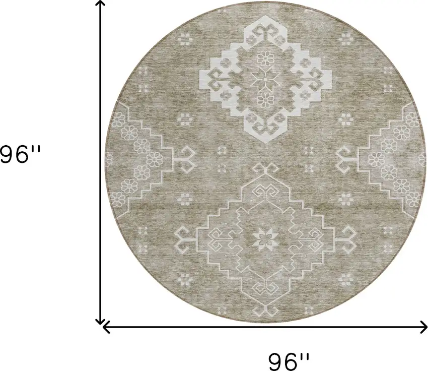 8' Taupe Beige And Ivory Round Medallion Washable Indoor Outdoor Area Rug Photo 3