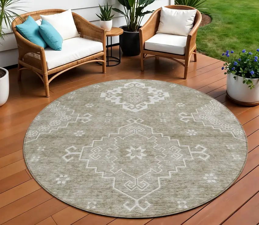 8' Taupe Beige And Ivory Round Medallion Washable Indoor Outdoor Area Rug Photo 1