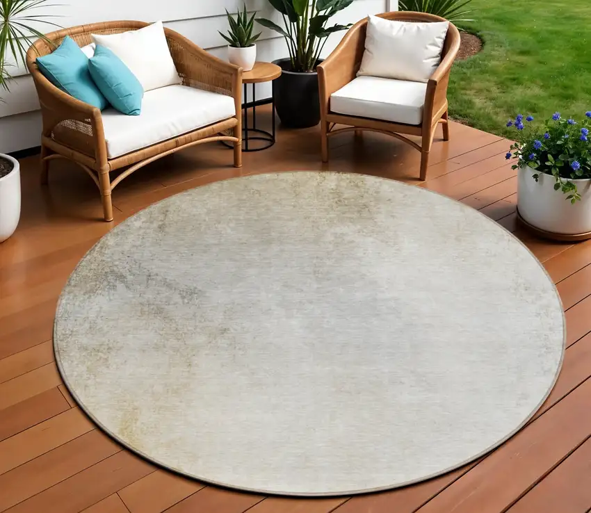 8' Taupe Beige And Ivory Round Ombre Washable Indoor Outdoor Area Rug Photo 1