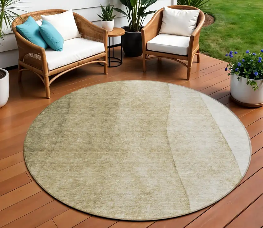 8' Taupe Beige And Ivory Round Ombre Washable Indoor Outdoor Area Rug Photo 1