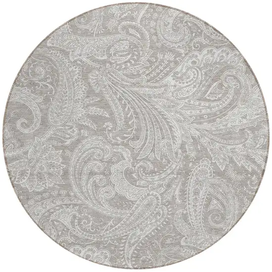 8' Taupe Beige And Ivory Round Paisley Washable Indoor Outdoor Area Rug Photo 5