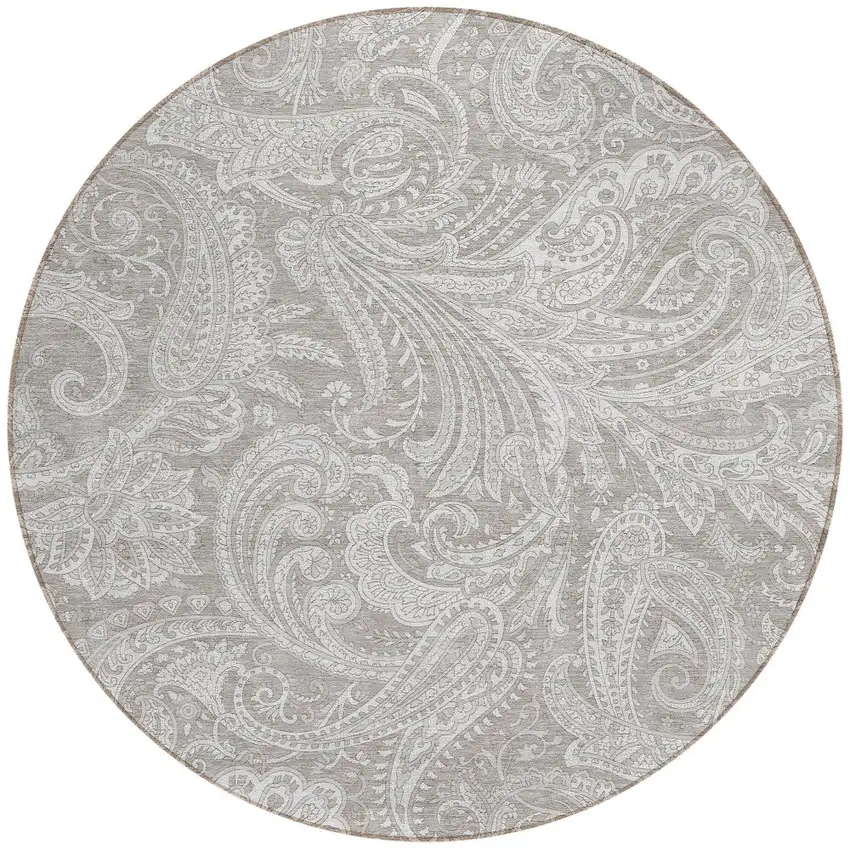 8' Taupe Beige And Ivory Round Paisley Washable Indoor Outdoor Area Rug Photo 5
