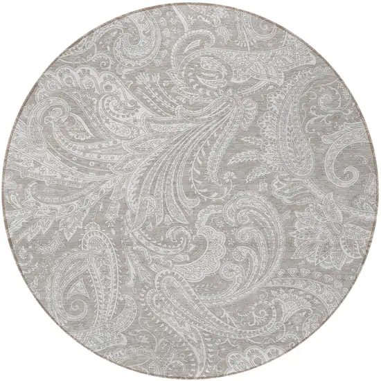 8' Taupe Beige And Ivory Round Paisley Washable Indoor Outdoor Area Rug Photo 6