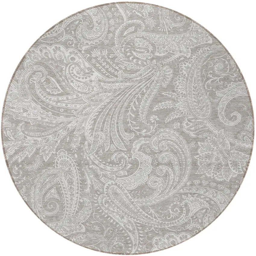 8' Taupe Beige And Ivory Round Paisley Washable Indoor Outdoor Area Rug Photo 6