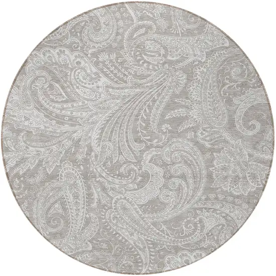 8' Taupe Beige And Ivory Round Paisley Washable Indoor Outdoor Area Rug Photo 6