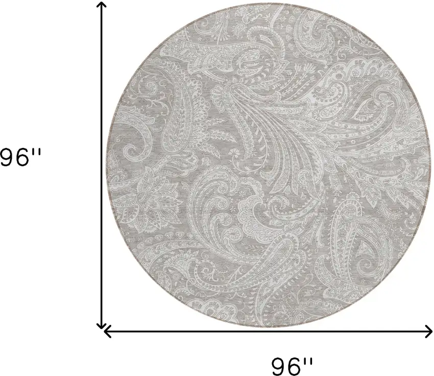 8' Taupe Beige And Ivory Round Paisley Washable Indoor Outdoor Area Rug Photo 3