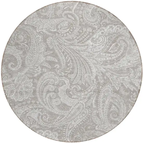 8' Taupe Beige And Ivory Round Paisley Washable Indoor Outdoor Area Rug Photo 2