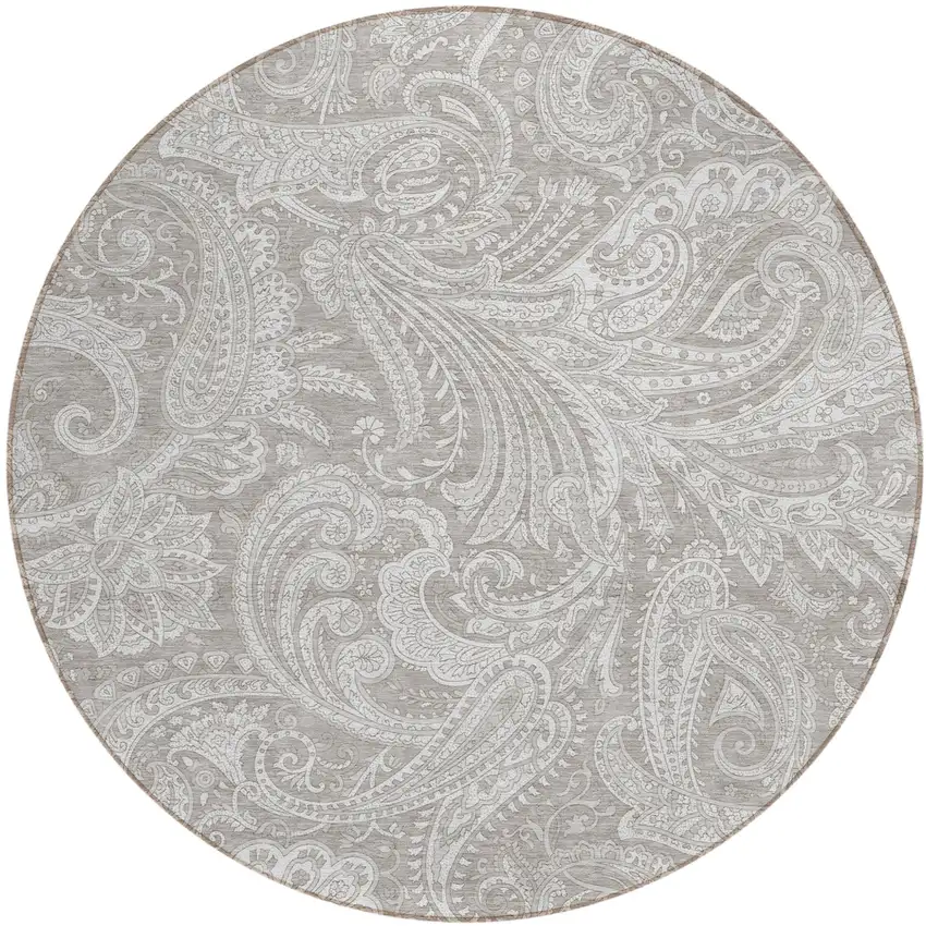8' Taupe Beige And Ivory Round Paisley Washable Indoor Outdoor Area Rug Photo 2