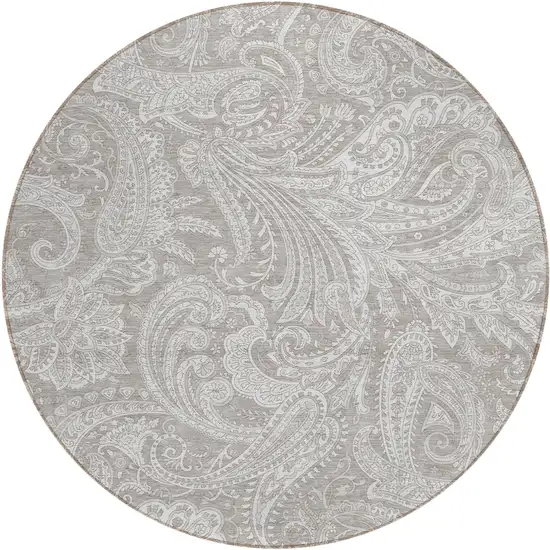 8' Taupe Beige And Ivory Round Paisley Washable Indoor Outdoor Area Rug Photo 2