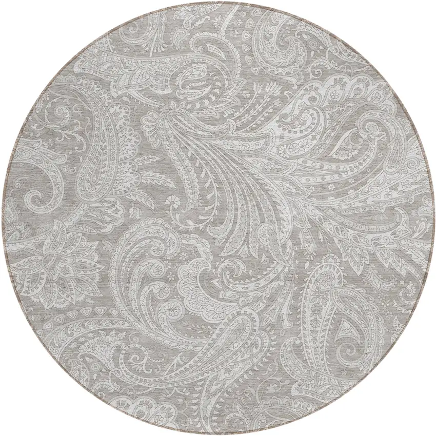 8' Taupe Beige And Ivory Round Paisley Washable Indoor Outdoor Area Rug Photo 2