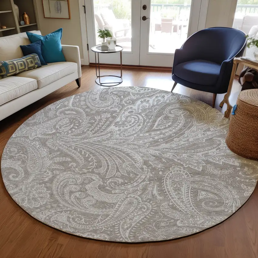 8' Taupe Beige And Ivory Round Paisley Washable Indoor Outdoor Area Rug Photo 8