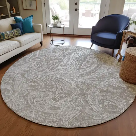 8' Taupe Beige And Ivory Round Paisley Washable Indoor Outdoor Area Rug Photo 8
