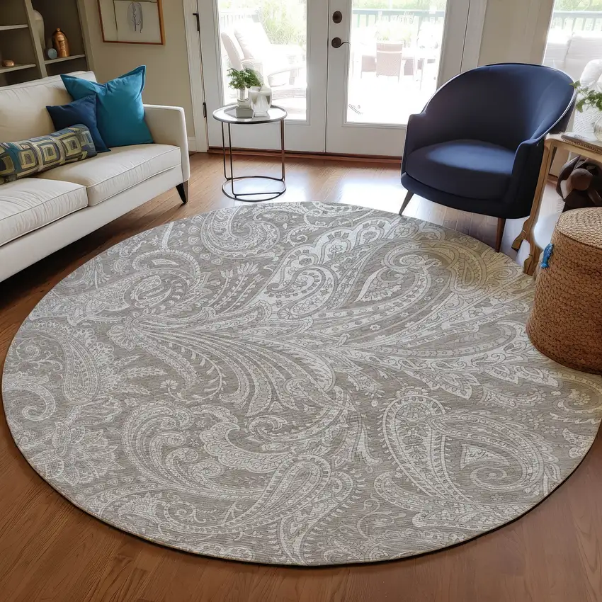 8' Taupe Beige And Ivory Round Paisley Washable Indoor Outdoor Area Rug Photo 8