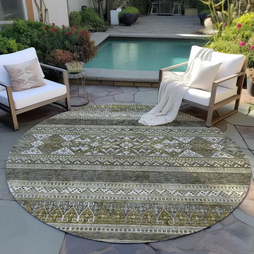 8' Taupe Beige And Ivory Round Southwestern Washable Indoor Outdoor Area Rug Photo 8