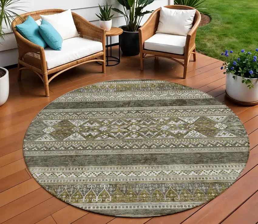 8' Taupe Beige And Ivory Round Southwestern Washable Indoor Outdoor Area Rug Photo 1
