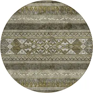 Photo of 8' Taupe Beige And Ivory Round Southwestern Washable Indoor Outdoor Area Rug