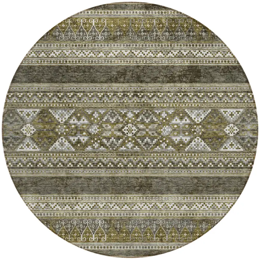 8' Taupe Beige And Ivory Round Southwestern Washable Indoor Outdoor Area Rug Photo 1