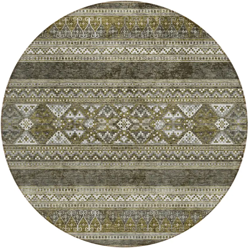 8' Taupe Beige And Ivory Round Southwestern Washable Indoor Outdoor Area Rug Photo 1