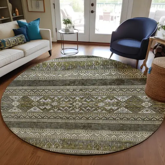 8' Taupe Beige And Ivory Round Southwestern Washable Indoor Outdoor Area Rug Photo 8