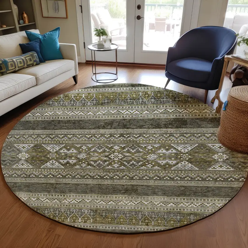 8' Taupe Beige And Ivory Round Southwestern Washable Indoor Outdoor Area Rug Photo 8