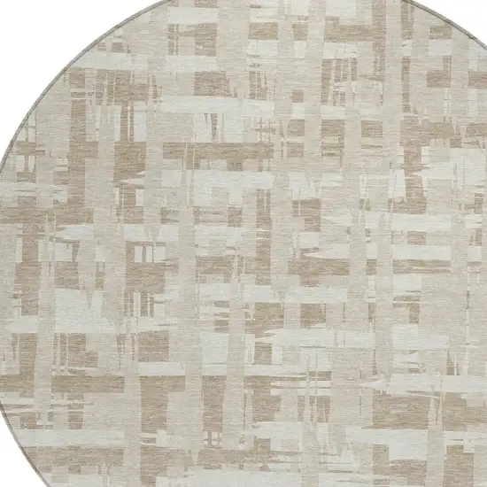 8' Taupe Beige And Ivory Round Striped Washable Indoor Outdoor Area Rug Photo 9