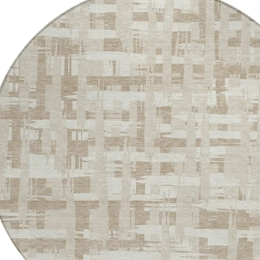 8' Taupe Beige And Ivory Round Striped Washable Indoor Outdoor Area Rug Photo 9