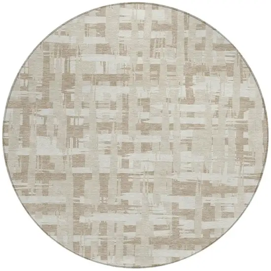 8' Taupe Beige And Ivory Round Striped Washable Indoor Outdoor Area Rug Photo 4