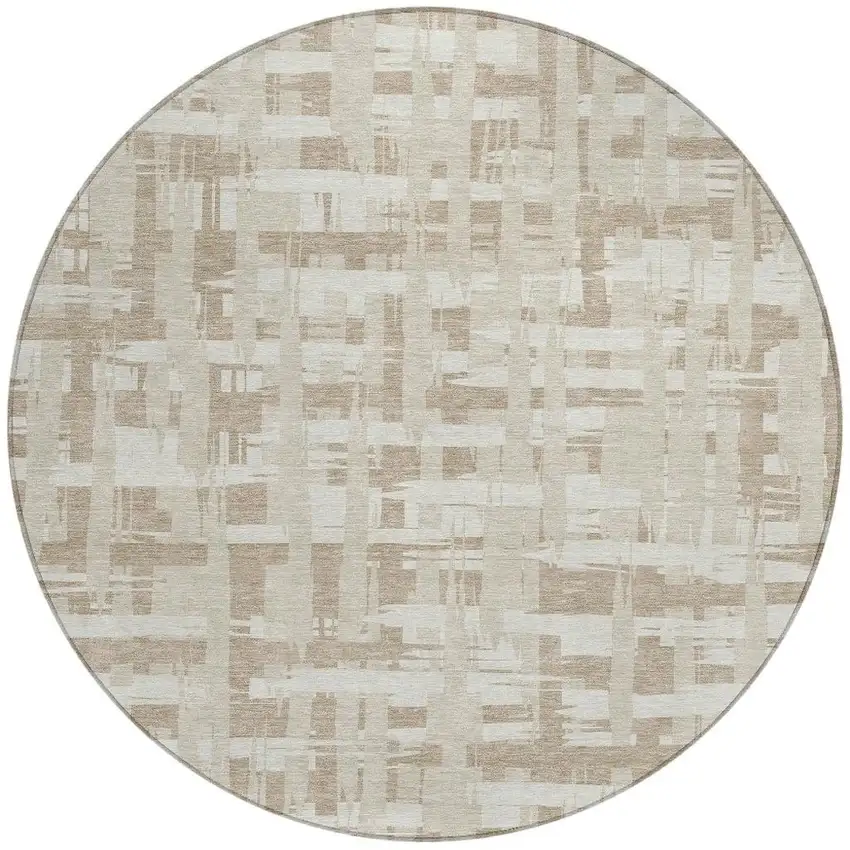 8' Taupe Beige And Ivory Round Striped Washable Indoor Outdoor Area Rug Photo 4
