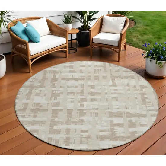 8' Taupe Beige And Ivory Round Striped Washable Indoor Outdoor Area Rug Photo 2