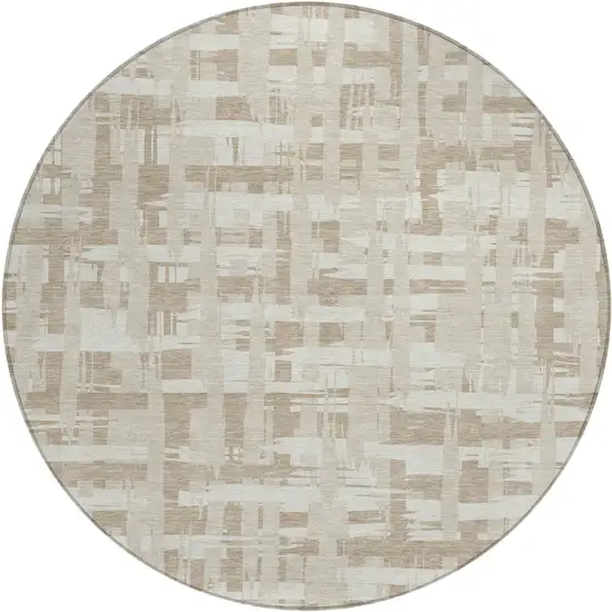 8' Taupe Beige And Ivory Round Striped Washable Indoor Outdoor Area Rug Photo 1