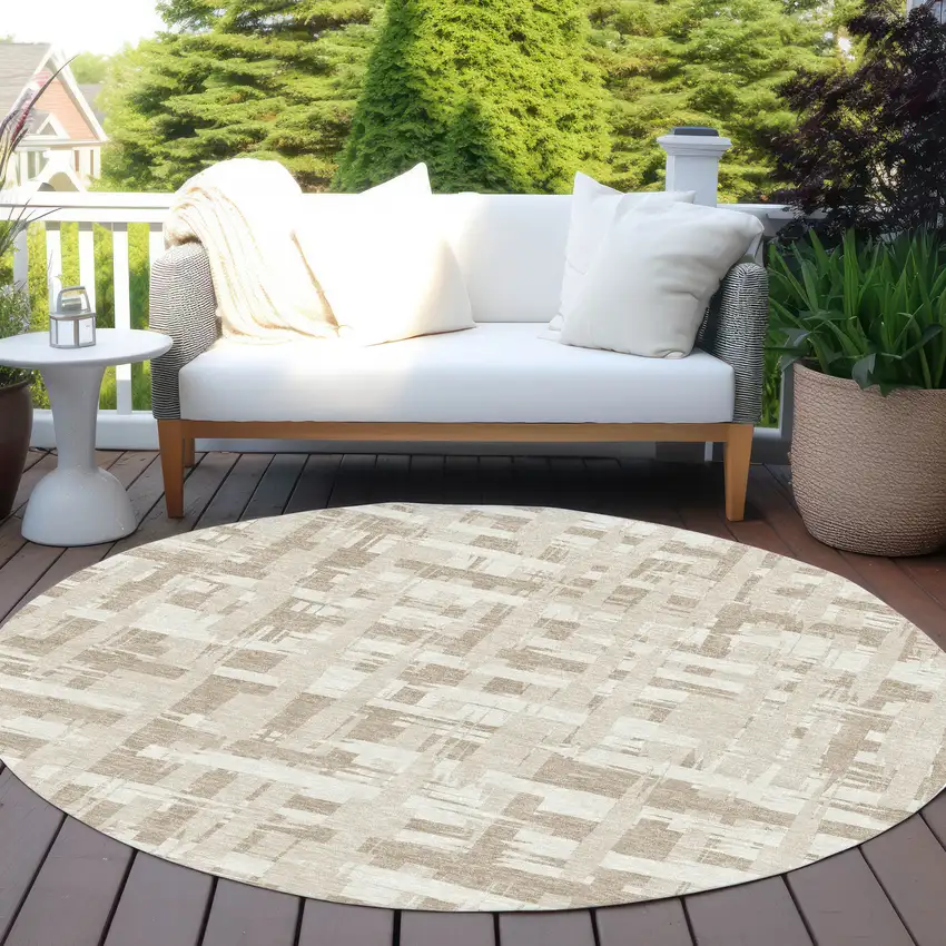 8' Taupe Beige And Ivory Round Striped Washable Indoor Outdoor Area Rug Photo 6