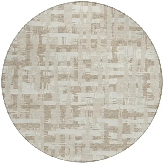 8' Taupe Beige And Ivory Round Striped Washable Indoor Outdoor Area Rug Photo 3