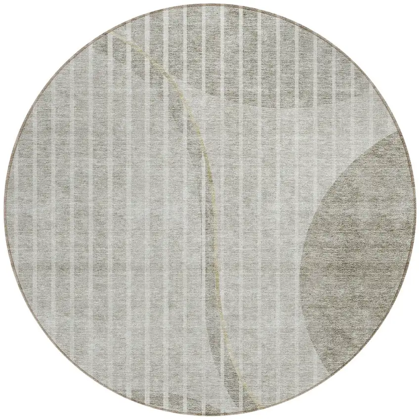 8' Taupe Beige And Ivory Round Striped Washable Indoor Outdoor Area Rug Photo 5