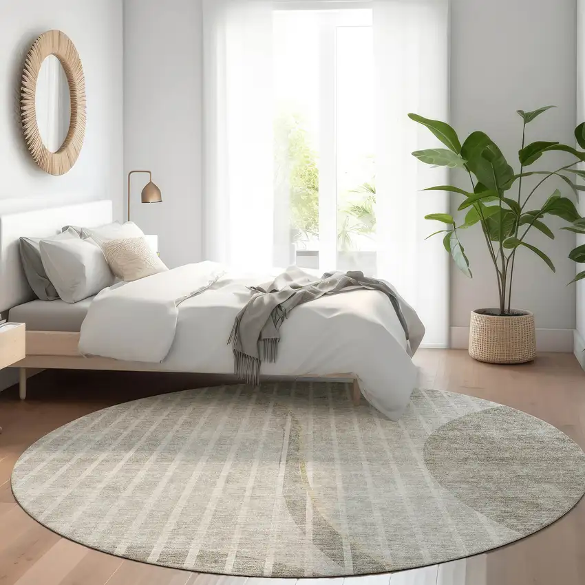 8' Taupe Beige And Ivory Round Striped Washable Indoor Outdoor Area Rug Photo 8