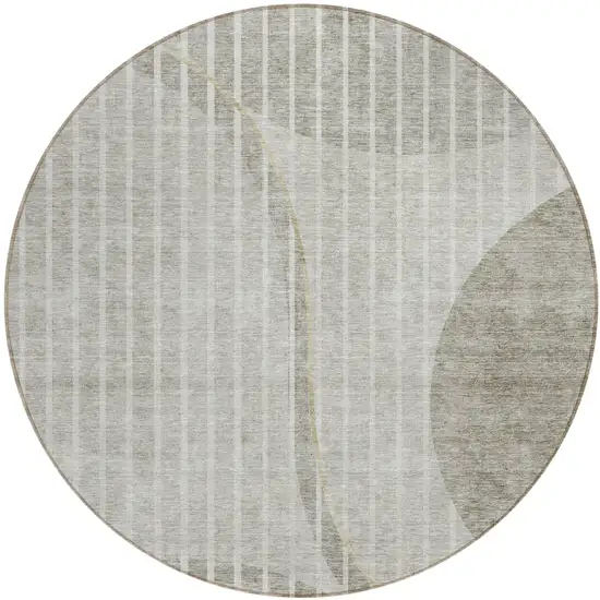 8' Taupe Beige And Ivory Round Striped Washable Indoor Outdoor Area Rug Photo 1