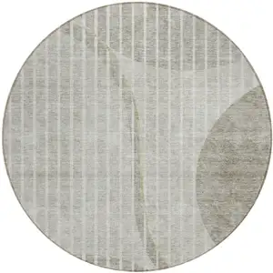 Photo of 8' Taupe Beige And Ivory Round Striped Washable Indoor Outdoor Area Rug