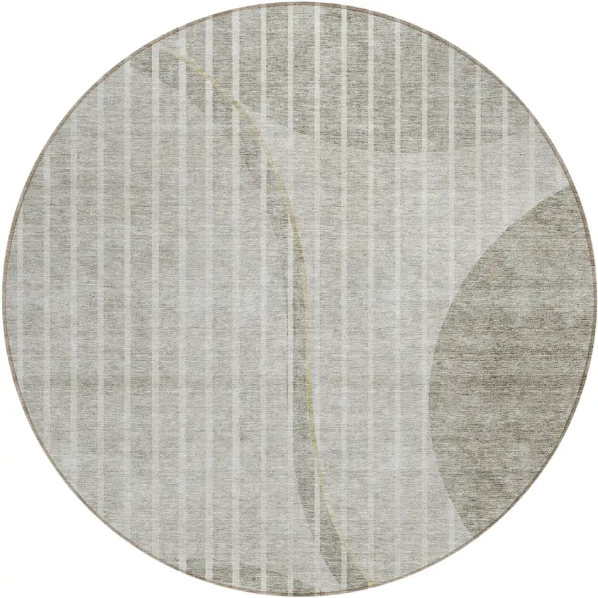 8' Taupe Beige And Ivory Round Striped Washable Indoor Outdoor Area Rug Photo 1