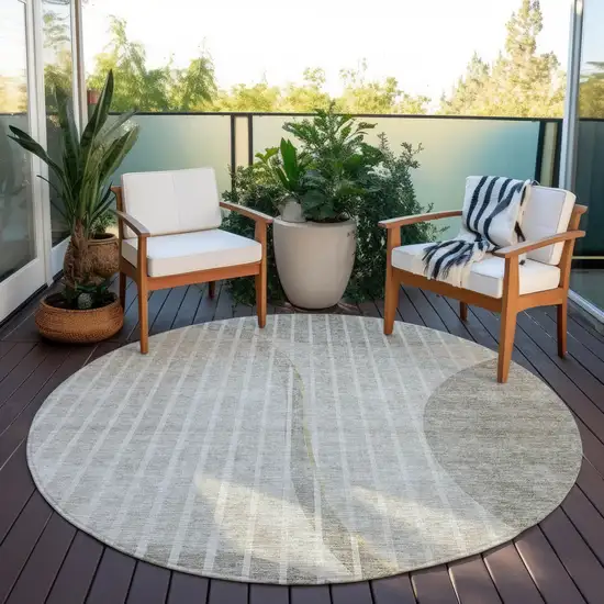 8' Taupe Beige And Ivory Round Striped Washable Indoor Outdoor Area Rug Photo 7