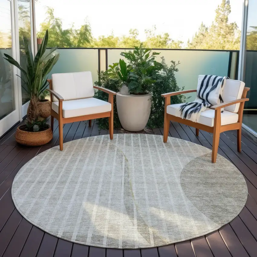 8' Taupe Beige And Ivory Round Striped Washable Indoor Outdoor Area Rug Photo 7