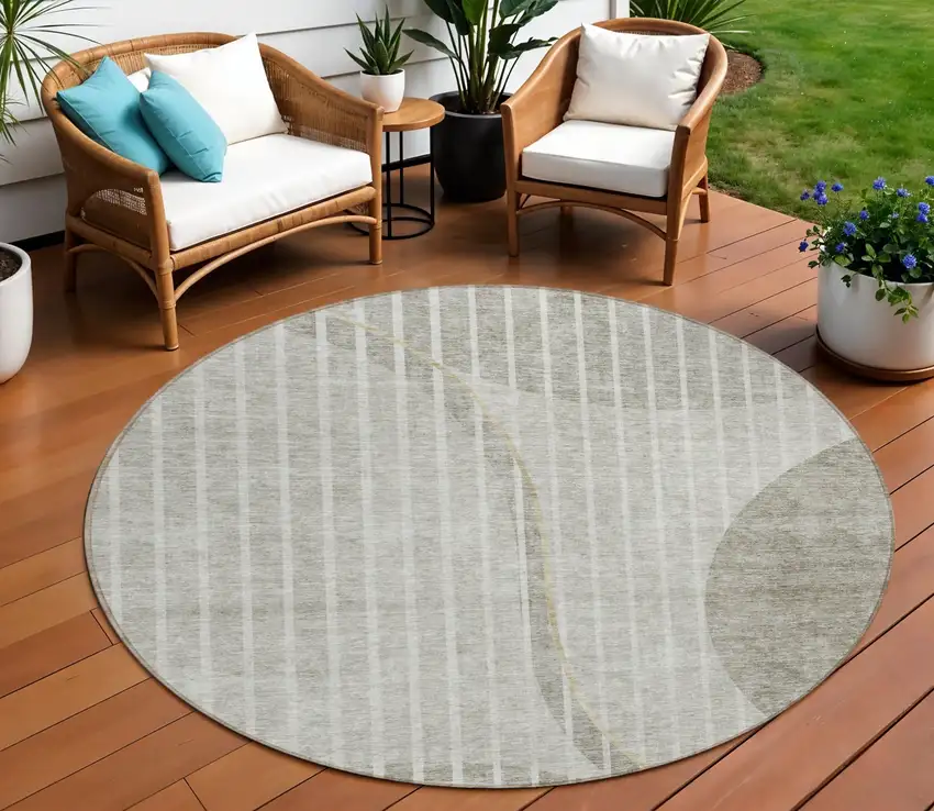8' Taupe Beige And Ivory Round Striped Washable Indoor Outdoor Area Rug Photo 1