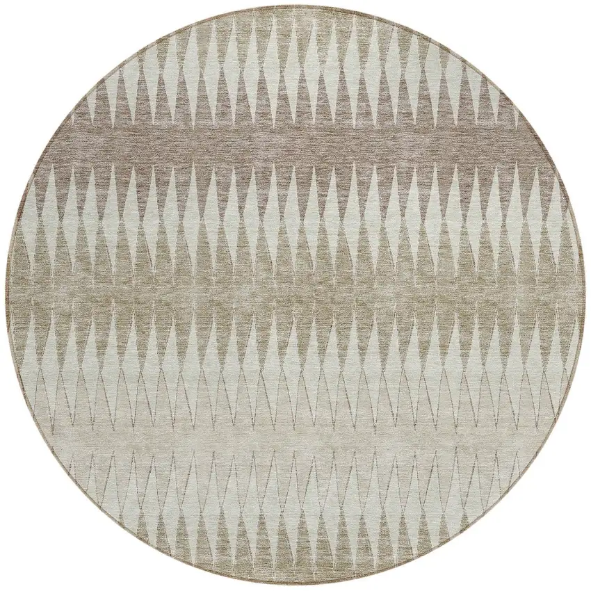 8' Taupe Beige And Ivory Round Striped Washable Indoor Outdoor Area Rug Photo 3