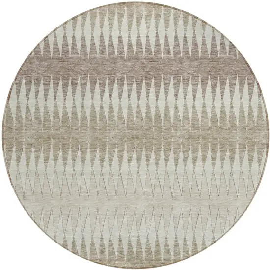 8' Taupe Beige And Ivory Round Striped Washable Indoor Outdoor Area Rug Photo 1