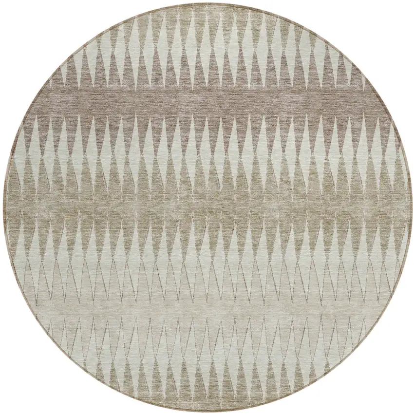 8' Taupe Beige And Ivory Round Striped Washable Indoor Outdoor Area Rug Photo 1