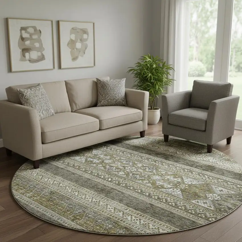 8' Taupe Beige And Ivory Southwestern Washable Round Rug With UV Protection Photo 1