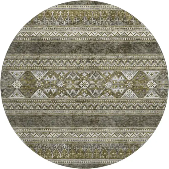 8' Taupe Beige And Ivory Southwestern Washable Round Rug With UV Protection Photo 1