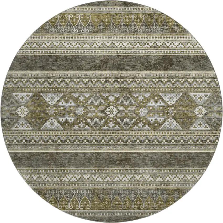8' Taupe Beige And Ivory Southwestern Washable Round Rug With UV Protection Photo 1