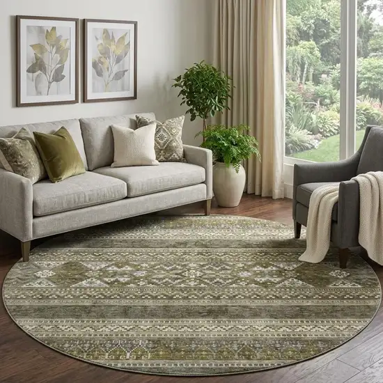 8' Taupe Beige And Ivory Southwestern Washable Round Rug With UV Protection Photo 1