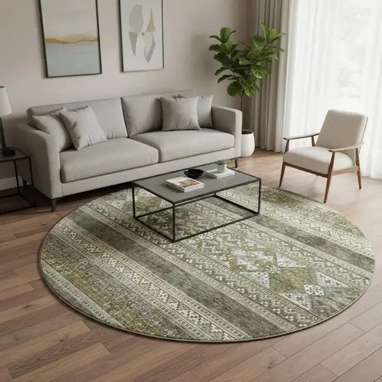8' Taupe Beige And Ivory Southwestern Washable Round Rug With UV Protection Photo 2