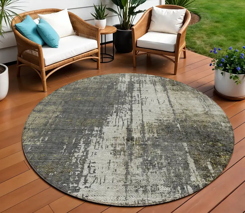 8' Taupe Beige And Olive Green Round Abstract Washable Indoor Outdoor Area Rug Photo 1